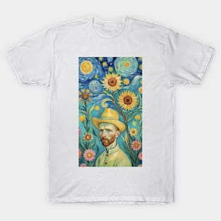 Starry Sunflower Reverie: Van Gogh Inspired Portrait T-Shirt